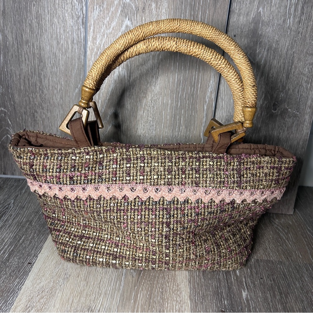 Vintage Brown and Pink Woven Tote Bag
